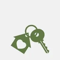 Tecknad bild av en nyckelring med en nyckel och ett hus.