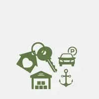 Tecknad bild av nycklar, bil, förråd och ett ankare.