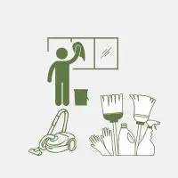 En tecknad bild med en person som putsar fönster, en dammsugare och sopkvastar, putsmedel och händer.