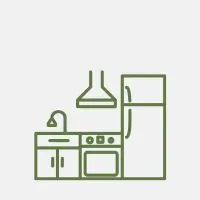 En tecknad bild i gröna konturer som föreställer ett kök med diskbänk, spis, fläk, och kyl och frys.